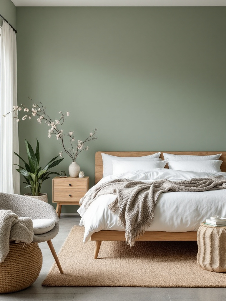 An elegant bedroom featuring walls in a muted moss green, chosen for its gentle, relaxing qualities that are like the perfect vinyl track for unwinding.