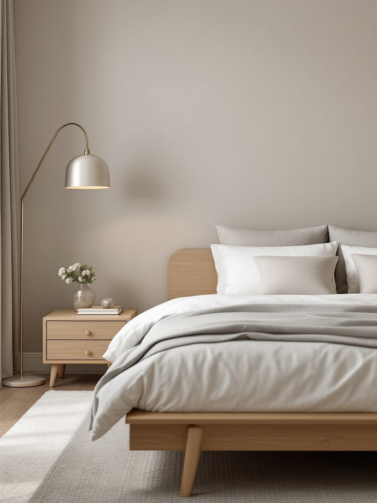 An inviting bedroom featuring walls in a sophisticated shade of greige (a blend of gray and beige), offering the perfect balance of warmth and modernity. 