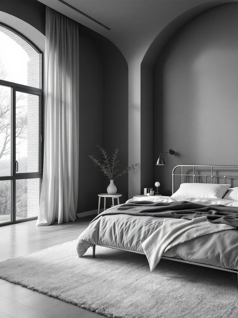 A stylish bedroom designed with a smooth gray color palette, adding a contemporary twist to the space. 