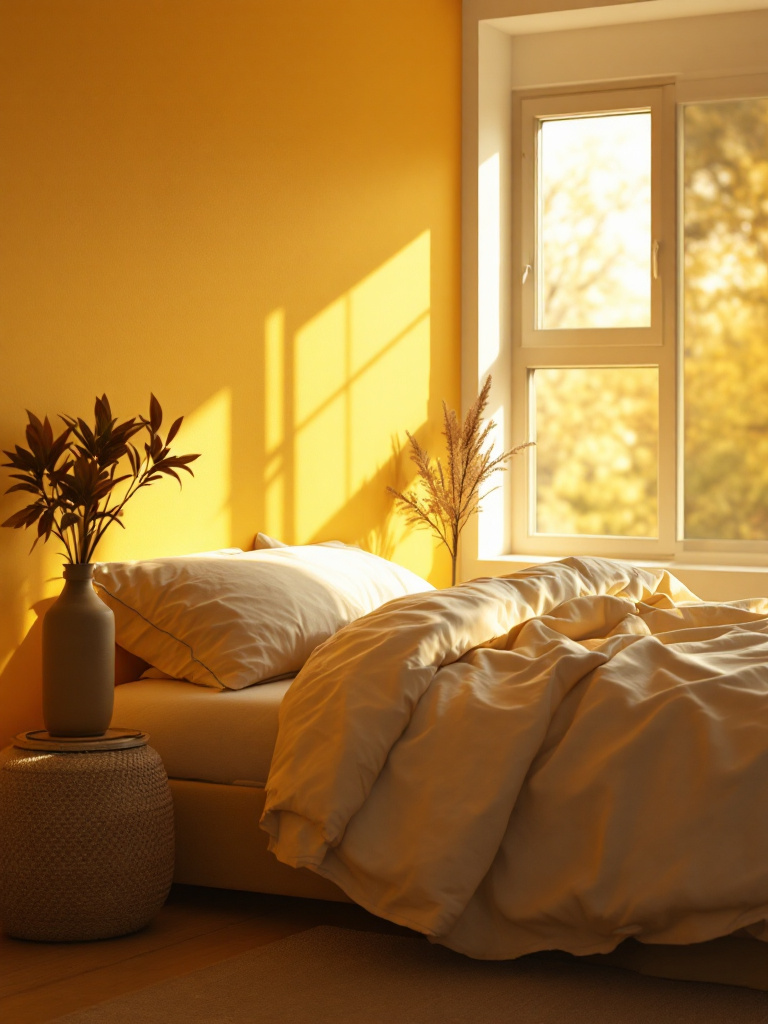 A modern bedroom with north-facing windows, where the cool light makes colors look subdued. 