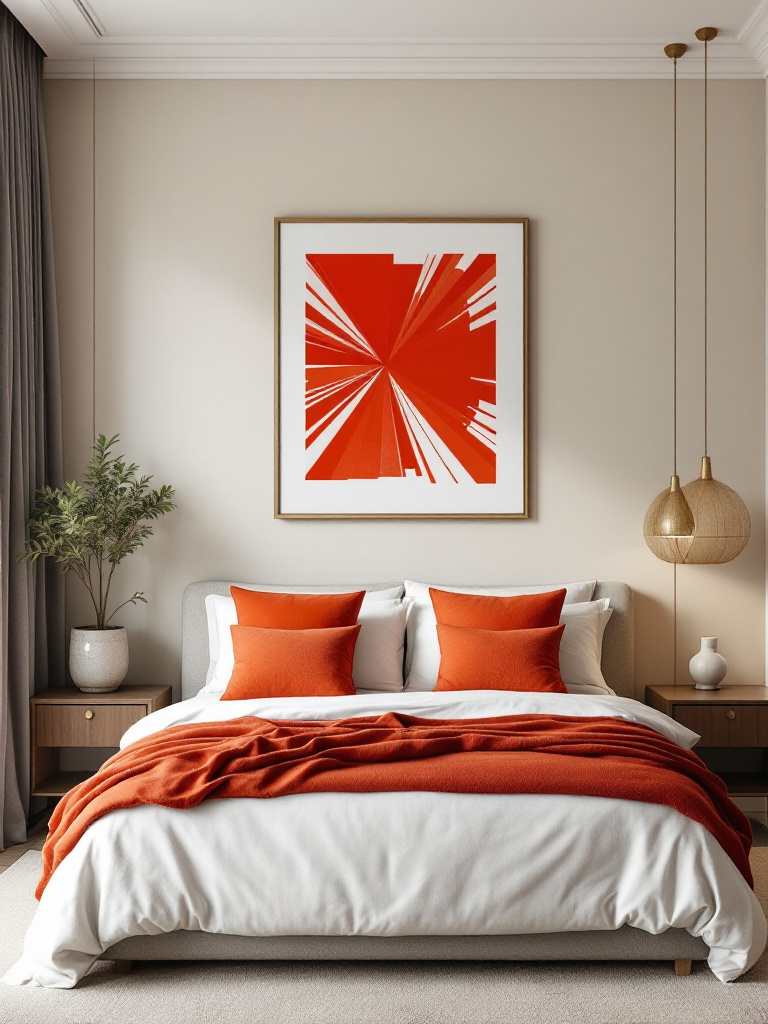 A modern bedroom with a neutral base palette, featuring bold red and orange accents used sparingly
