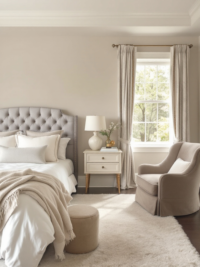 An inviting bedroom styled with walls painted in a versatile greige (gray-beige) tone, offering the perfect balance between cool and warm undertones. 