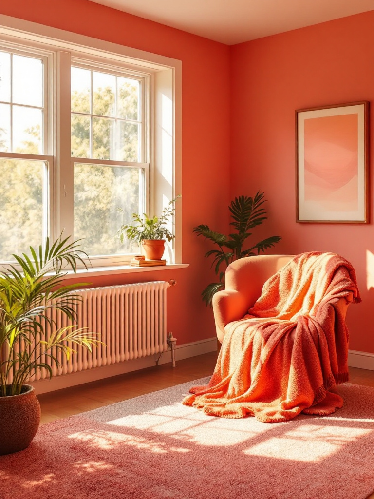 A stylish bedroom featuring warm coral hues that enliven the north-facing space. 