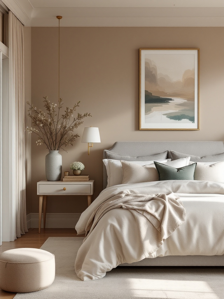 An elegant bedroom featuring warm taupe walls that deliver a cozy yet sophisticated vibe. 