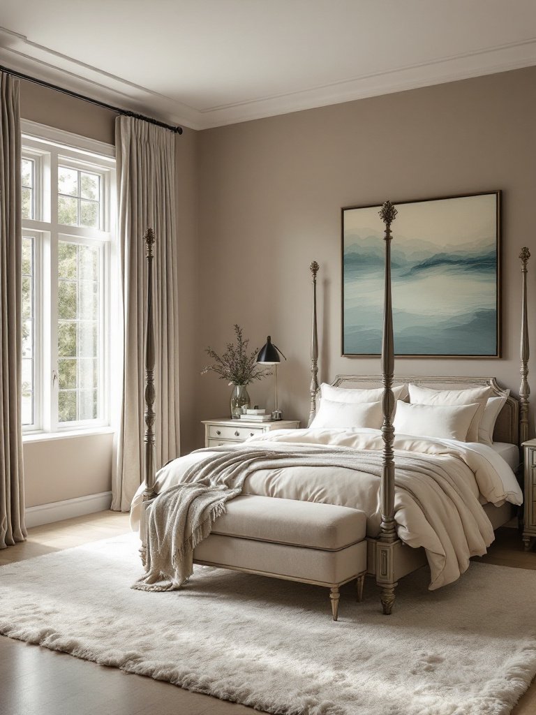 An elegant bedroom featuring warm taupe walls that deliver a cozy yet sophisticated vibe. 