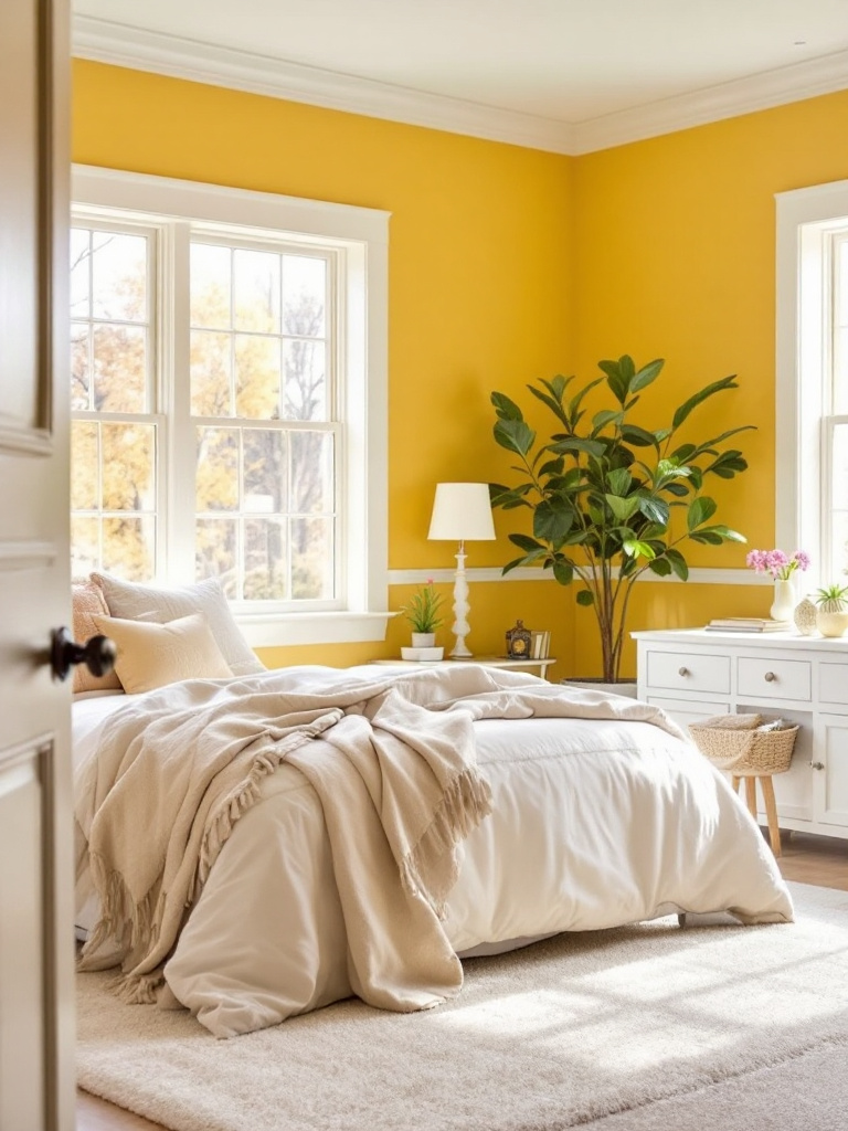 An elegant bedroom designed with walls in a sunny, mustard yellow, perfect for a north-facing room where light tends to be cool and muted. 