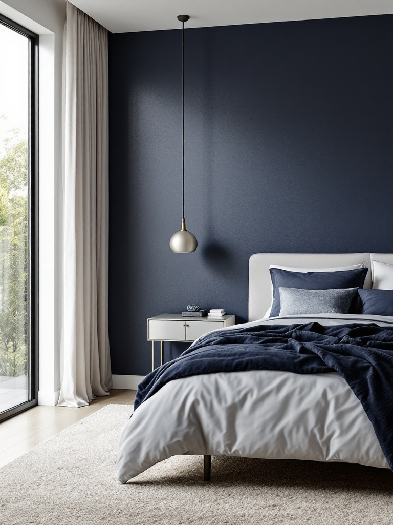 A modern bedroom designed with a rich navy blue feature wall, complemented by light gray surroundings for a sleek and contemporary look. 
