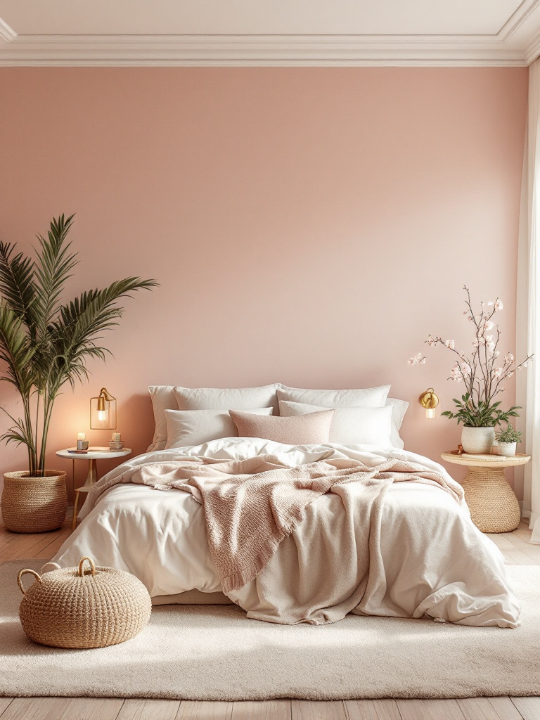 A serene bedroom with soft blush pink walls that exude warmth and tranquility. 