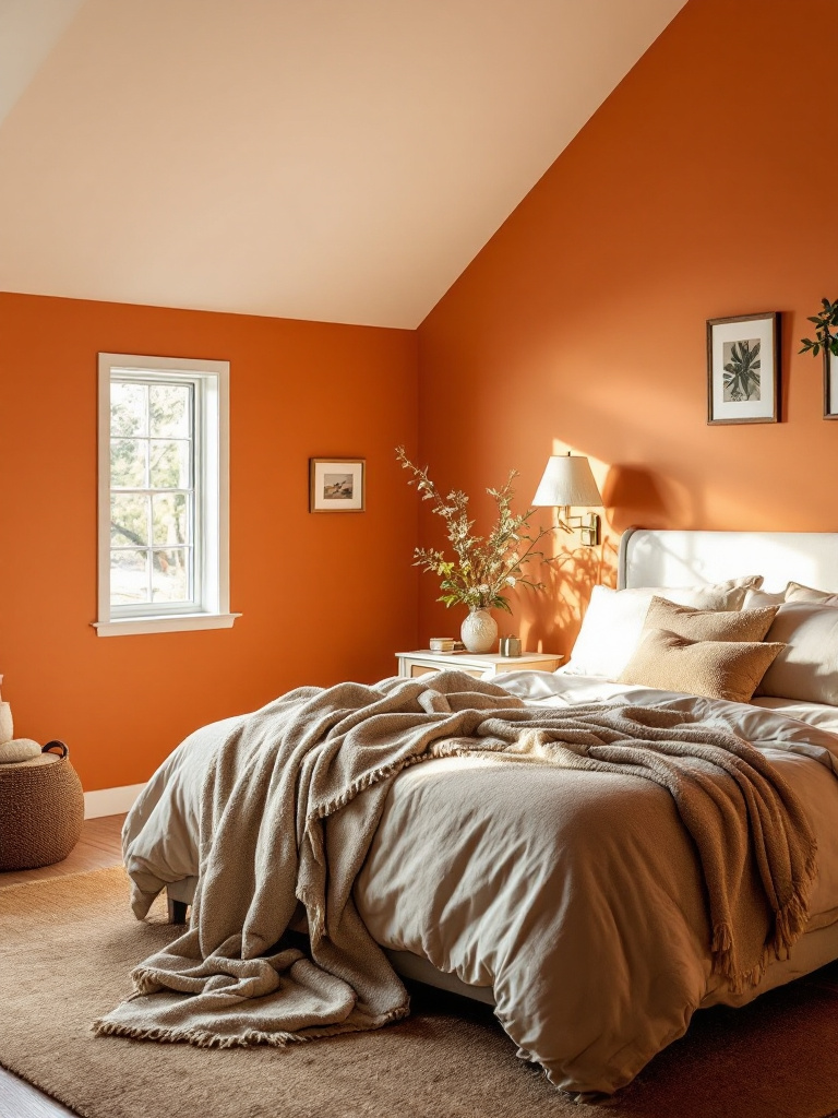 An inviting bedroom styled with warm orange walls, perfect for a north-facing room that gets soft, indirect light. 