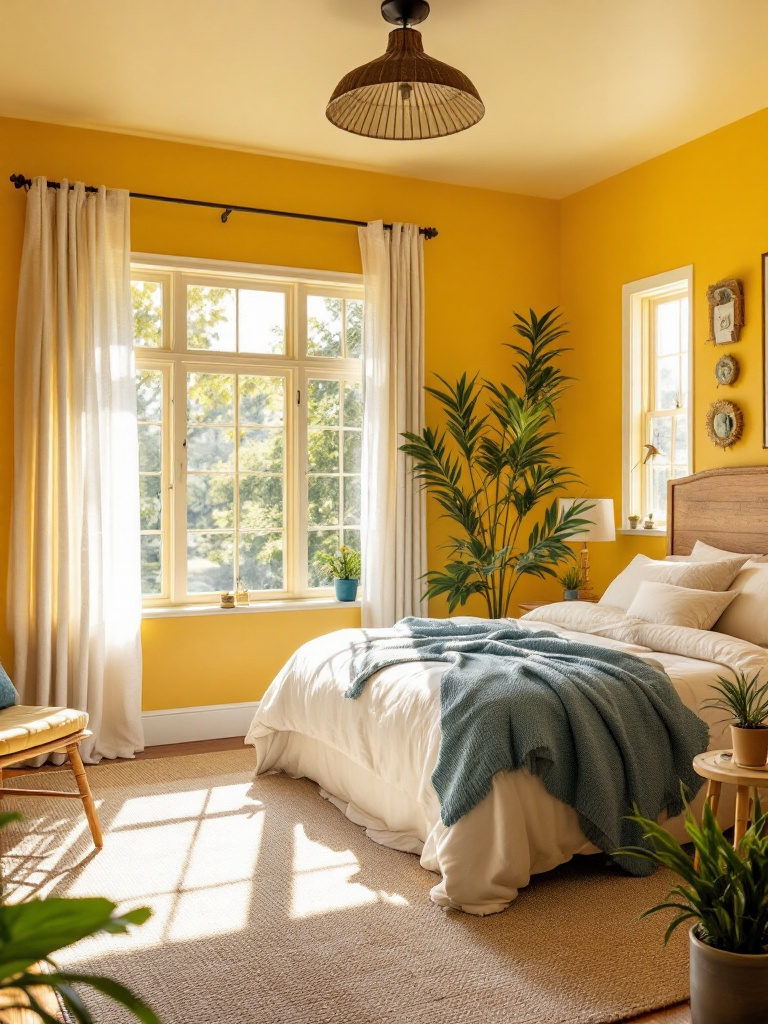A cozy north-facing bedroom painted in soft yellow tones that bring warmth and brightness to the space. 