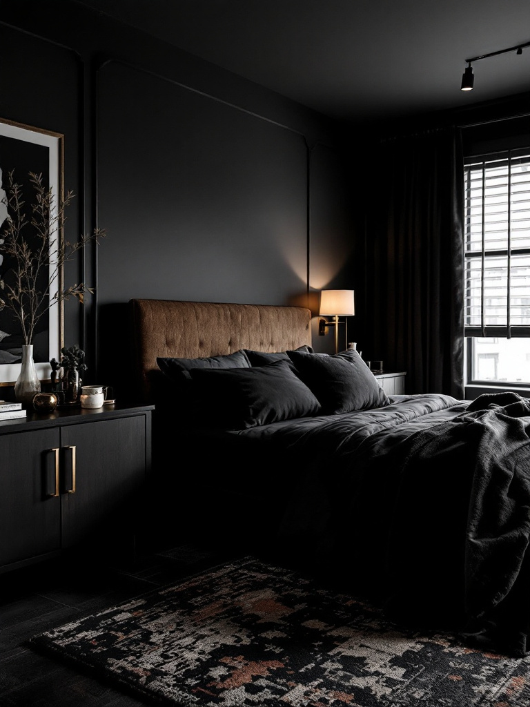 This masculine bedroom dives straight into the deep end with walls painted in a bold, inky black. 