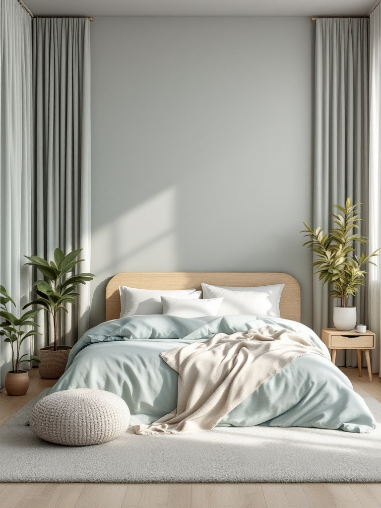 A modern bedroom styled with a color scheme inspired by the psychology of sleep, featuring shades like dove grey, soft sage green, and sky blue.