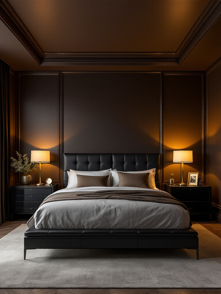 An inviting bedroom featuring a rich espresso brown wall color that exudes warmth and masculinity. 
