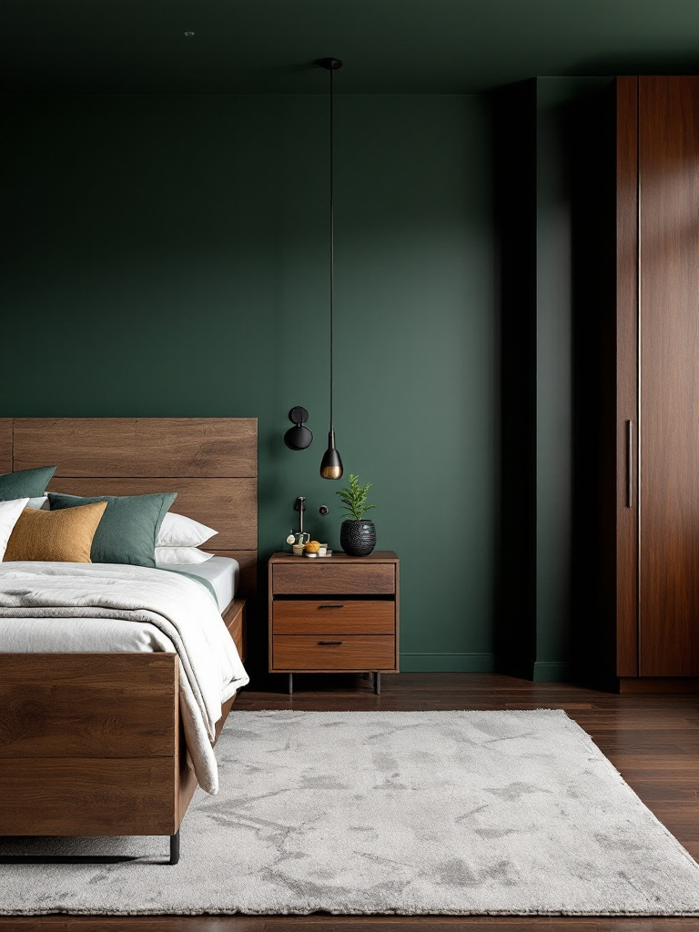 A modern bedroom styled with deep forest green walls that bring a hint of nature's calm and strength to the room. 