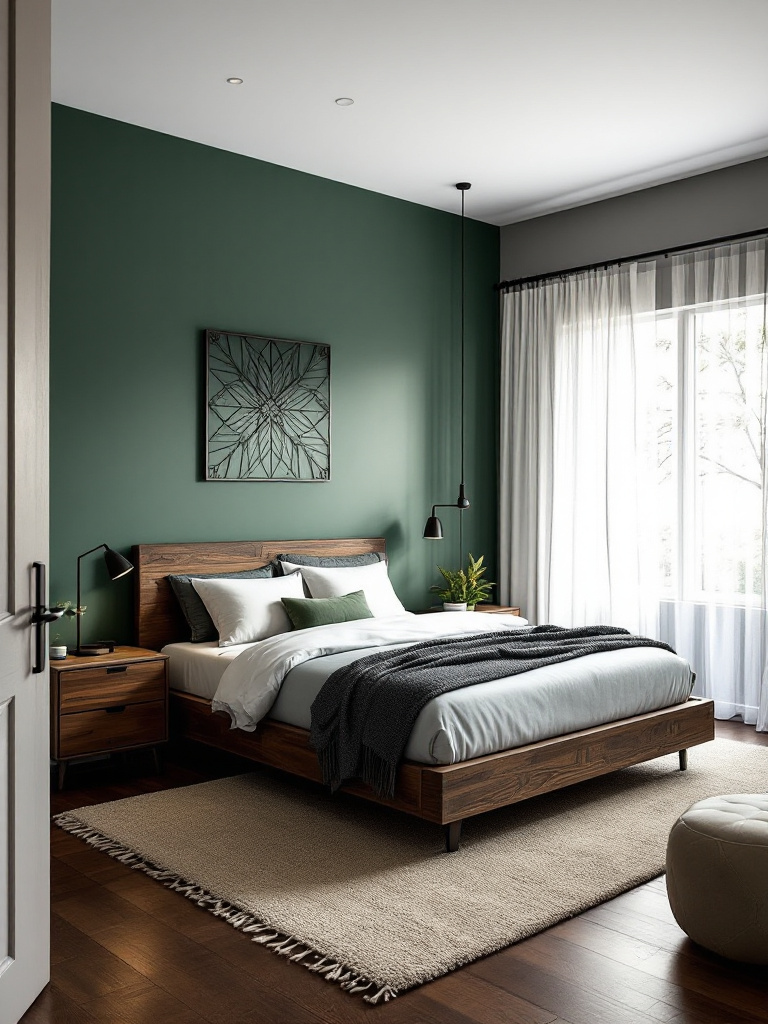 A modern bedroom styled with deep forest green walls that bring a hint of nature's calm and strength to the room. 