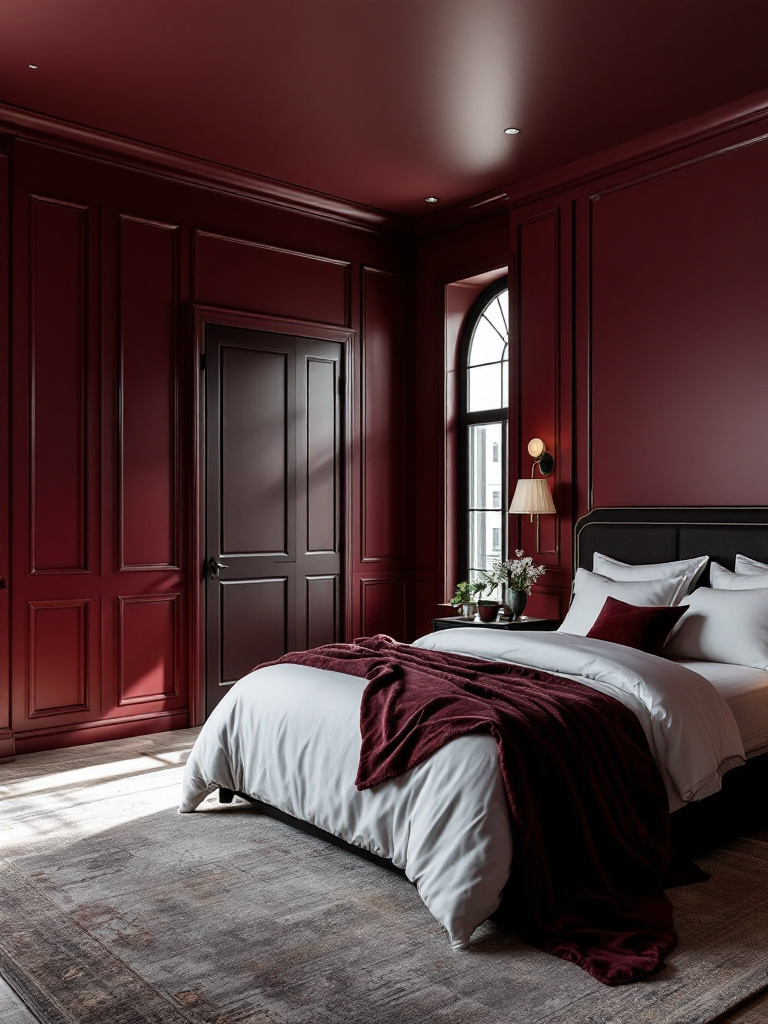 This bedroom features deep burgundy walls that command attention, adding a touch of passion and elegance. 