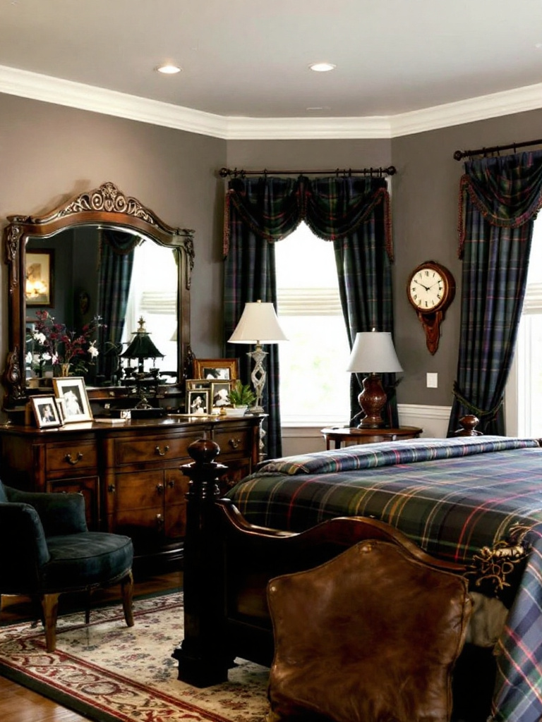 Masculine bedroom featuring tartan patterns