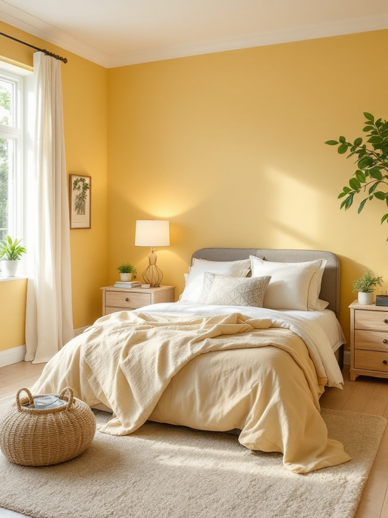 A cozy bedroom with walls painted in a soft, muted yellow, creating a gentle warmth that feels like a sunlit embrace.