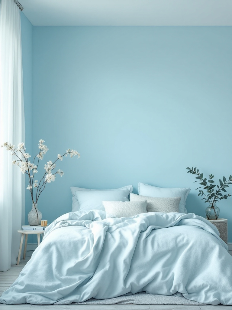 A serene bedroom with walls painted in soft blue tones, resembling the calm of clear skies and tranquil waters.