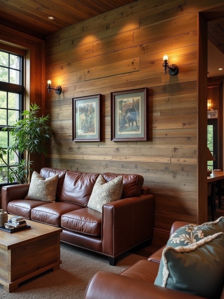 “Wall clad in reclaimed wood planks creating a rustic accent wall in a warm living room.”