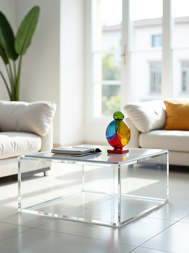 A modern living room featuring a clear acrylic cube coffee table, styled with a sculpture and design book, highlighting transparency and contemporary design.