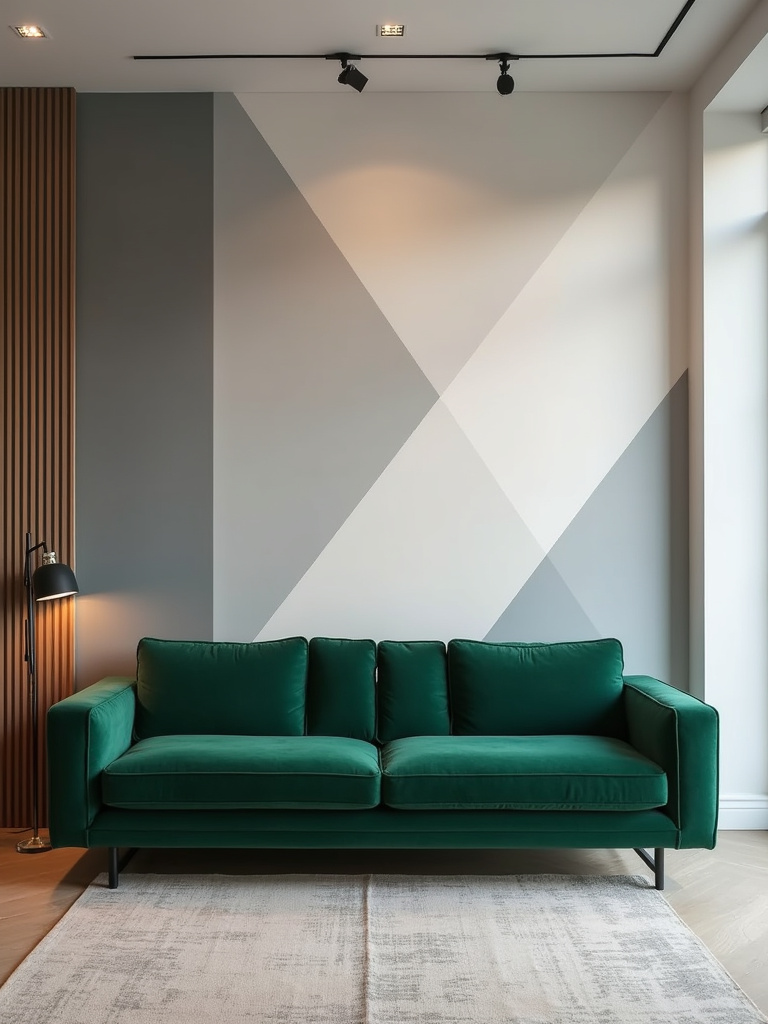 “Geometric wall mural in grey and white behind a velvet emerald green sofa in a modern living room.”