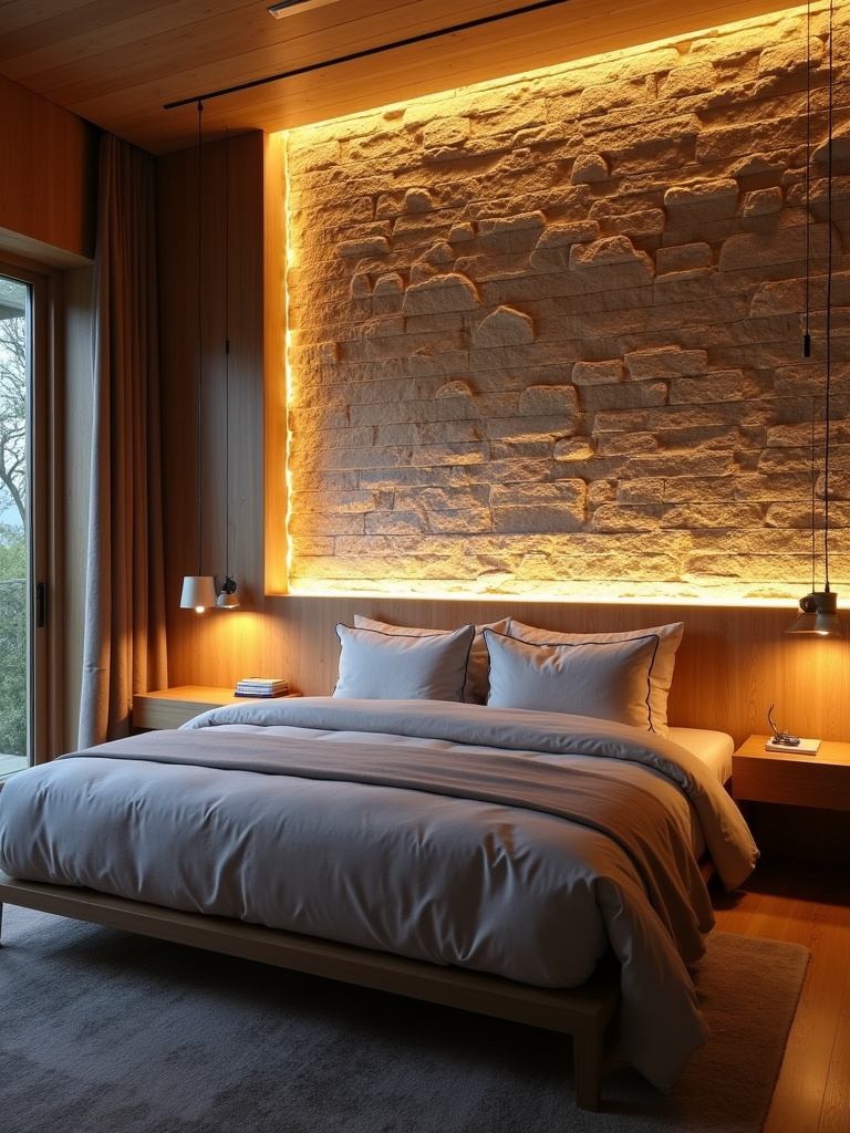 Bedroom interior showcasing architectural uplighting that highlights a textured stone wall.