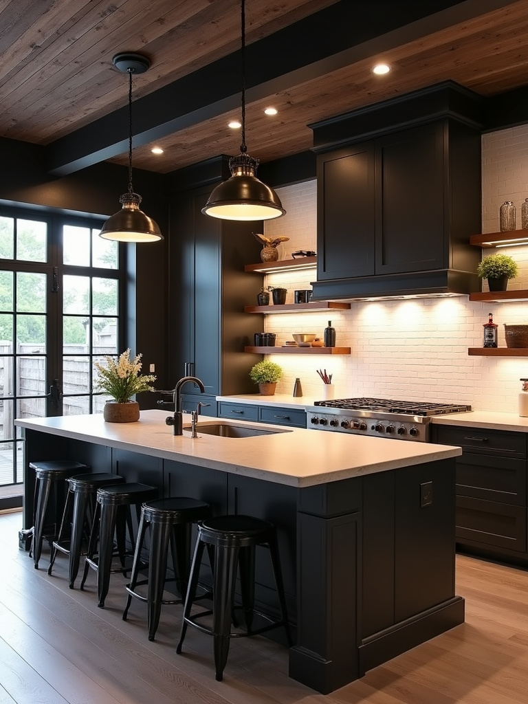 Modern industrial kitchen with black metal pendant lights and bar stools, concrete countertop island, and white subway tile backsplash, emphasizing metal accents.