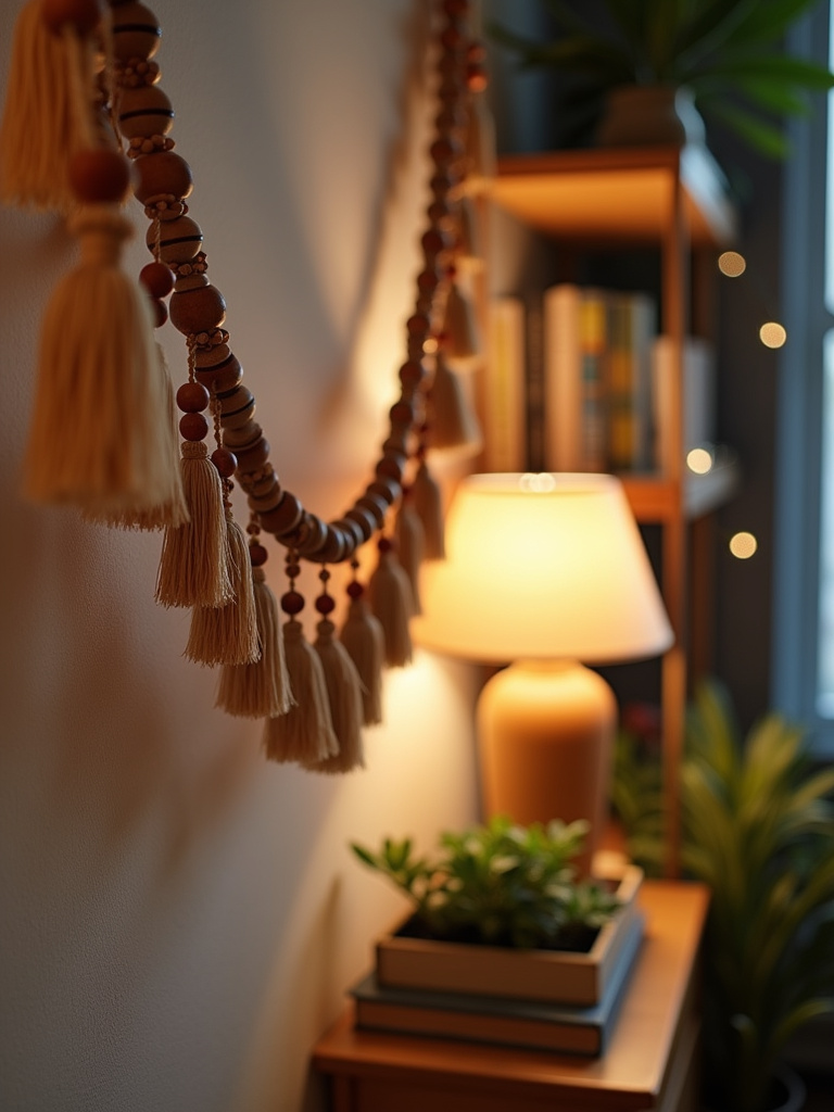 A bohemian living room featuring a beaded wall garland with wooden beads and tassels draped across a shelf with books and plants.
