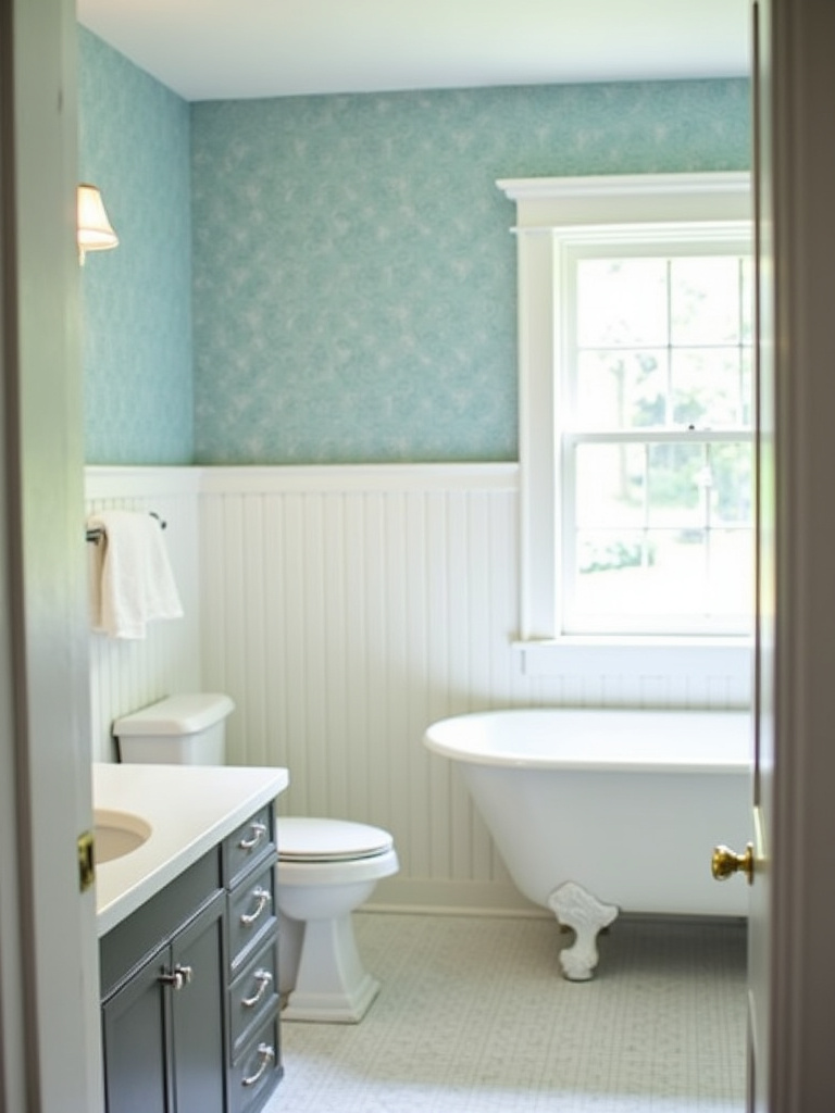 Vintage bathroom featuring white beadboard paneling on the lower walls and light blue wallpaper above, with a clawfoot tub visible in the background, bathed in soft natural light.
