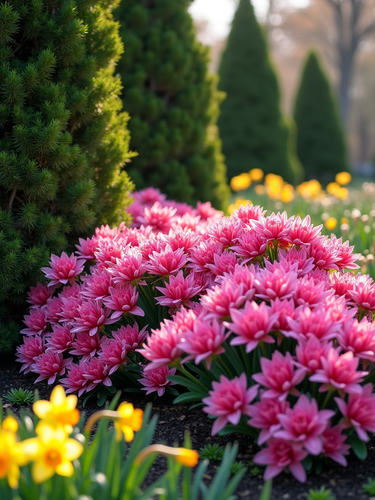 Garden bed with evergreen shrubs and vibrant pink azaleas blooming in spring.