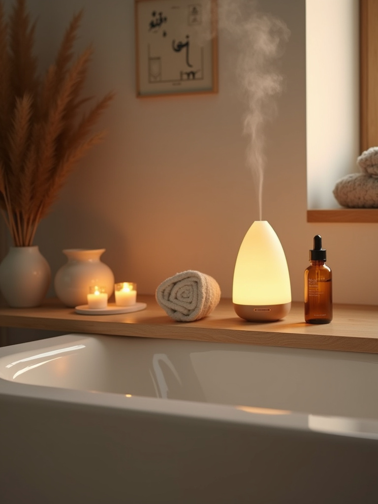 Scandinavian bathroom creating a spa-like atmosphere with an essential oil diffuser, enhancing relaxation and well-being.