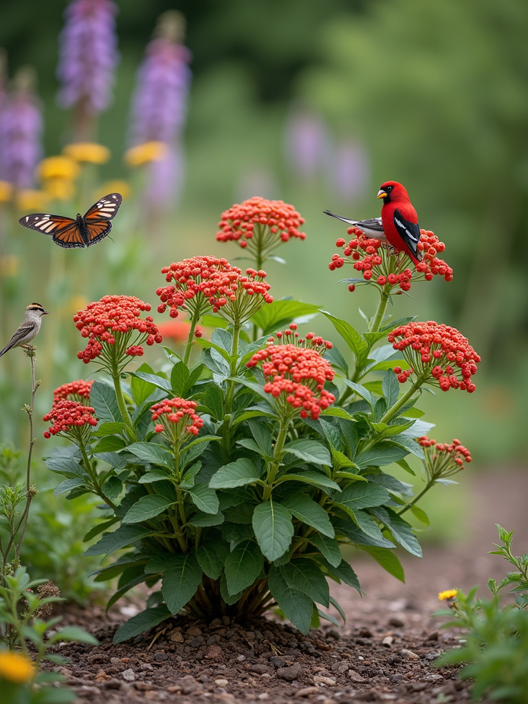 Native shrubs with berries attracting birds and butterflies in a natural garden setting.