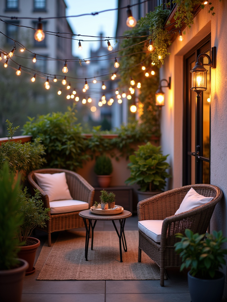 “Small apartment balcony transformed into a cozy outdoor escape with wicker chairs, potted plants, and string lights.”