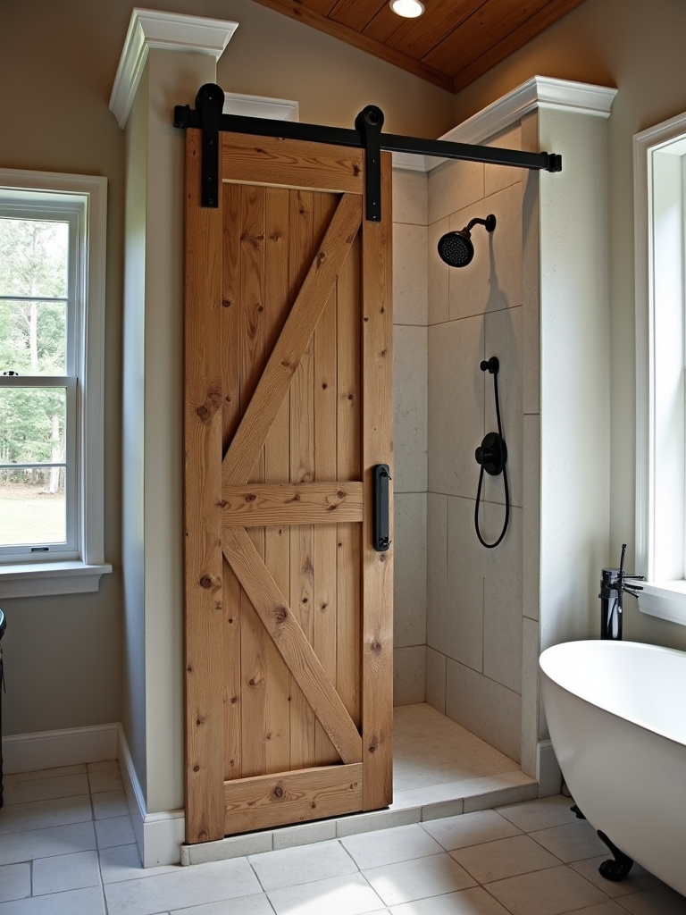 Rustic bathroom featuring a barn door shower enclosure with a wooden door and black hardware, illuminated by bright natural light.