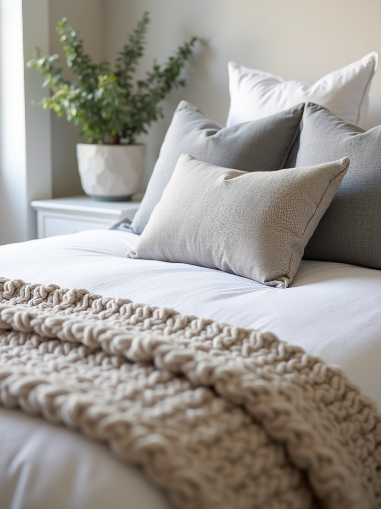 “Modern bedroom with personalized bedding featuring layered textures and neutral colors for a comfortable retreat.”