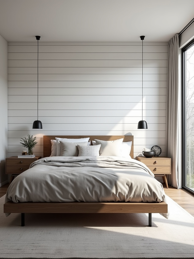Modern farmhouse bedroom blending shiplap walls with modern furniture and lighting.