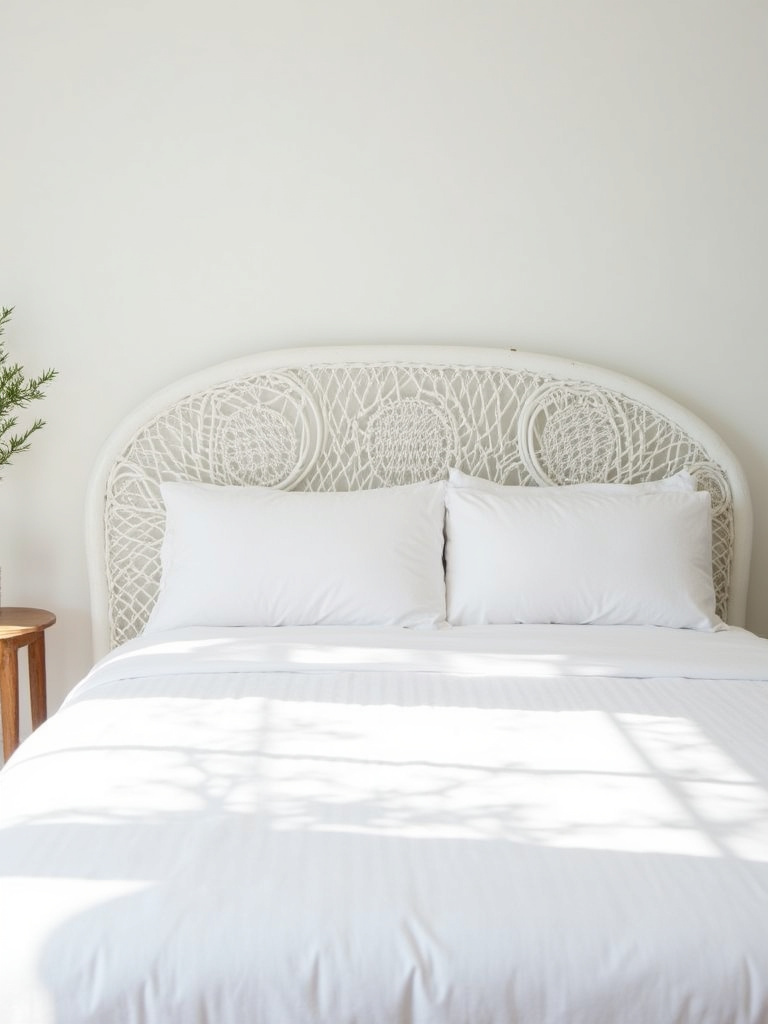 “White bedroom featuring a bed with a bohemian-style white rattan headboard, adding natural texture and organic charm to the space.”