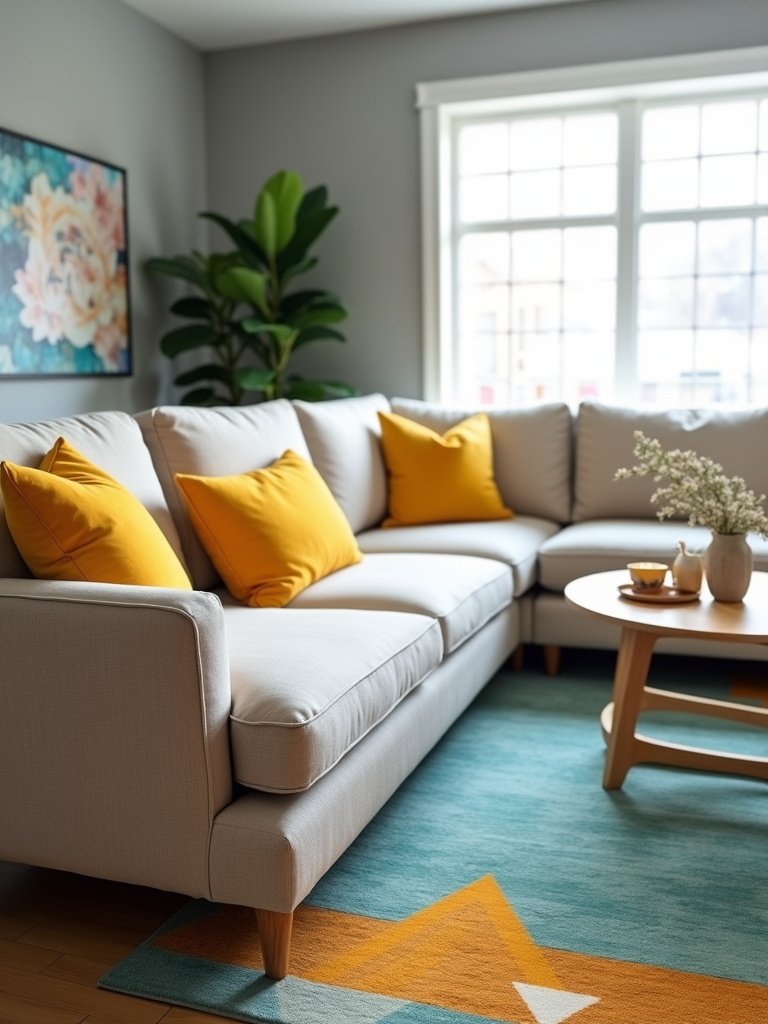 “Modern living room with neutral walls and sofa accented with bold mustard yellow pillows and a colorful rug.”
