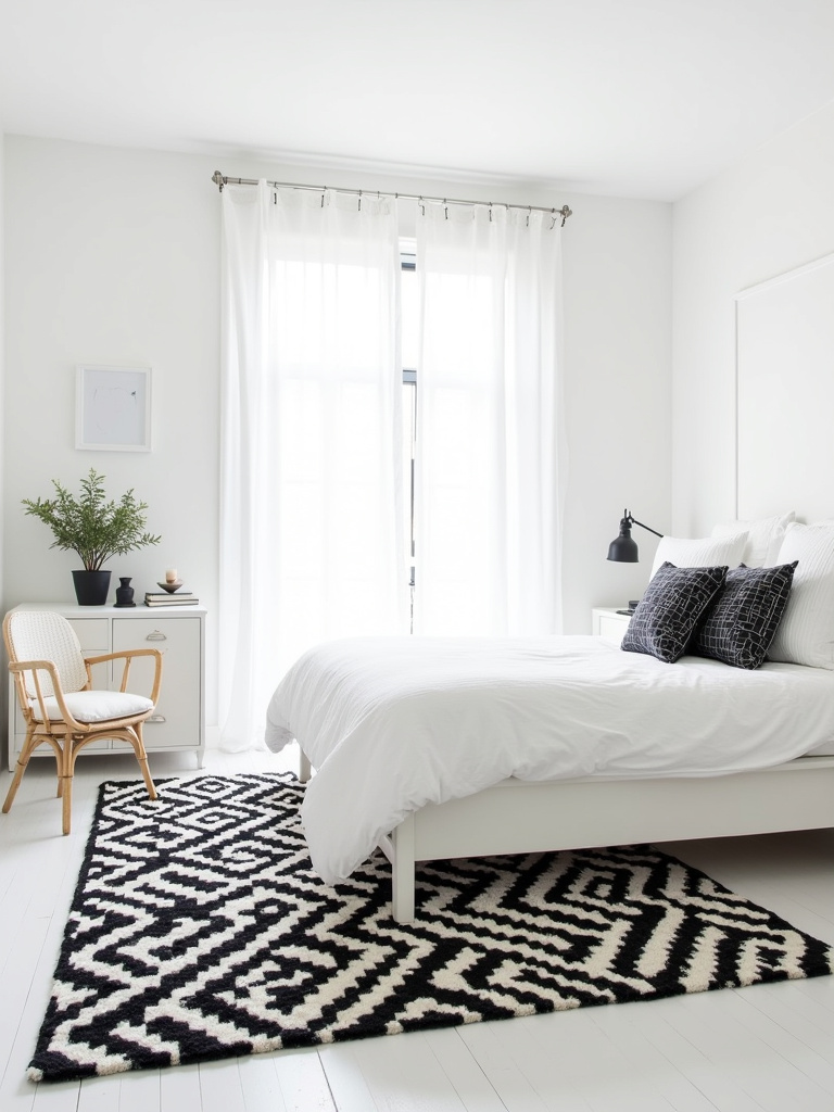 “White bedroom featuring bold black and white geometric patterns in the rug and throw pillows, creating a striking and modern contrast.”