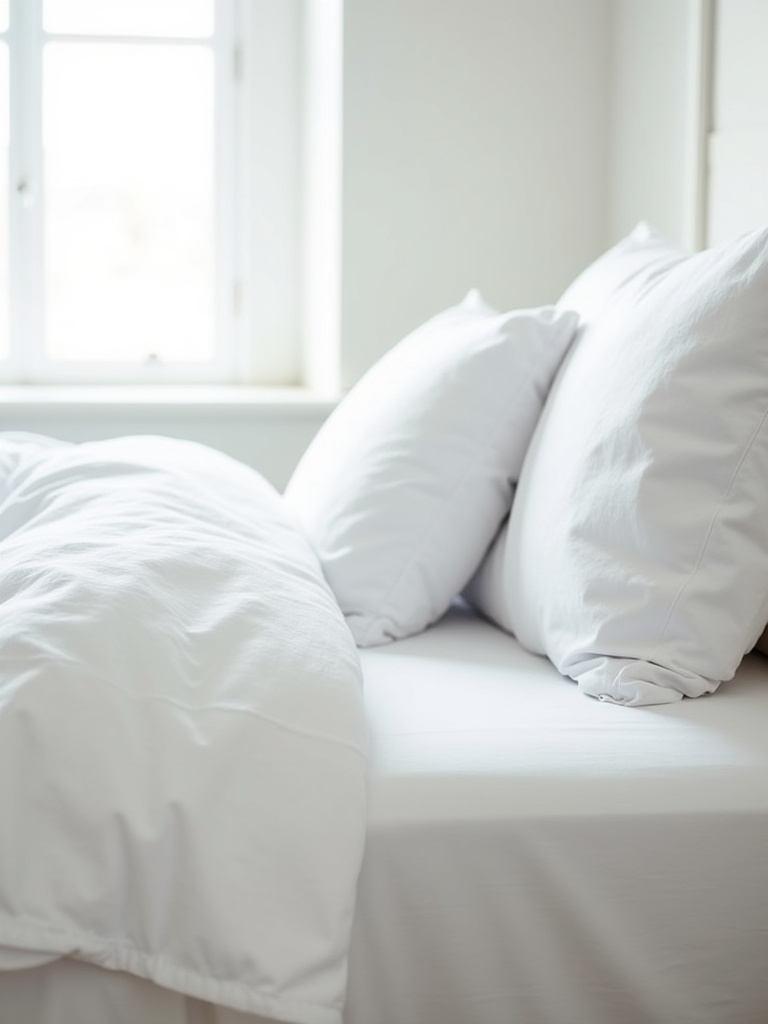 “White bedroom bed featuring luxurious white linen bedding, showcasing its natural texture, breathability, and relaxed elegance.”