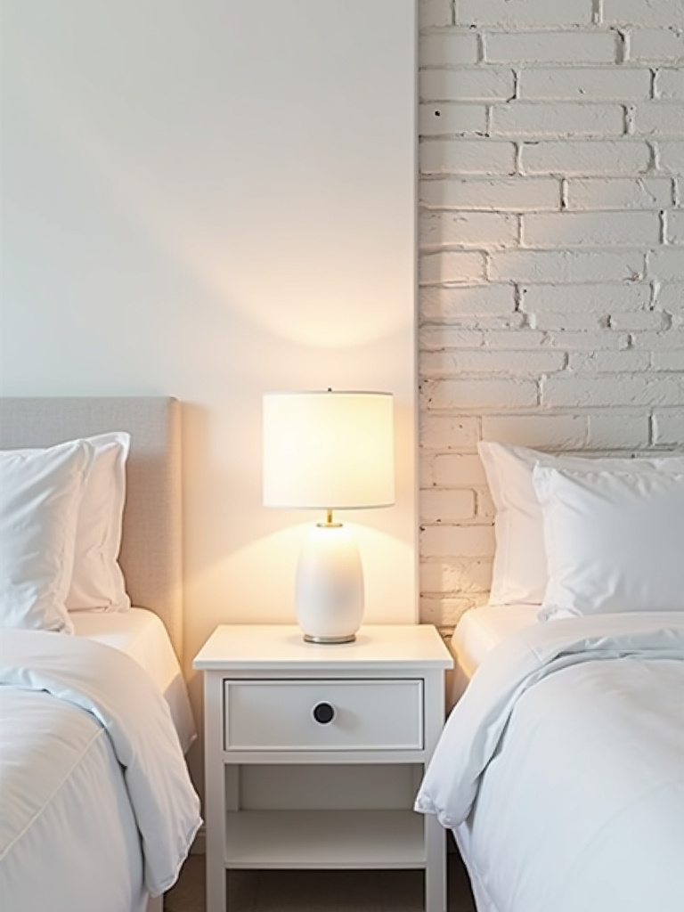 “White bedroom showcasing a chic white painted brick wall, adding industrial texture and visual interest behind a white nightstand.”