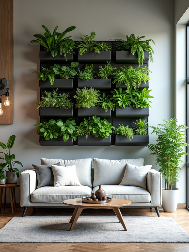 “Vertical garden wall made of modular planters with various green plants in a modern living room.”