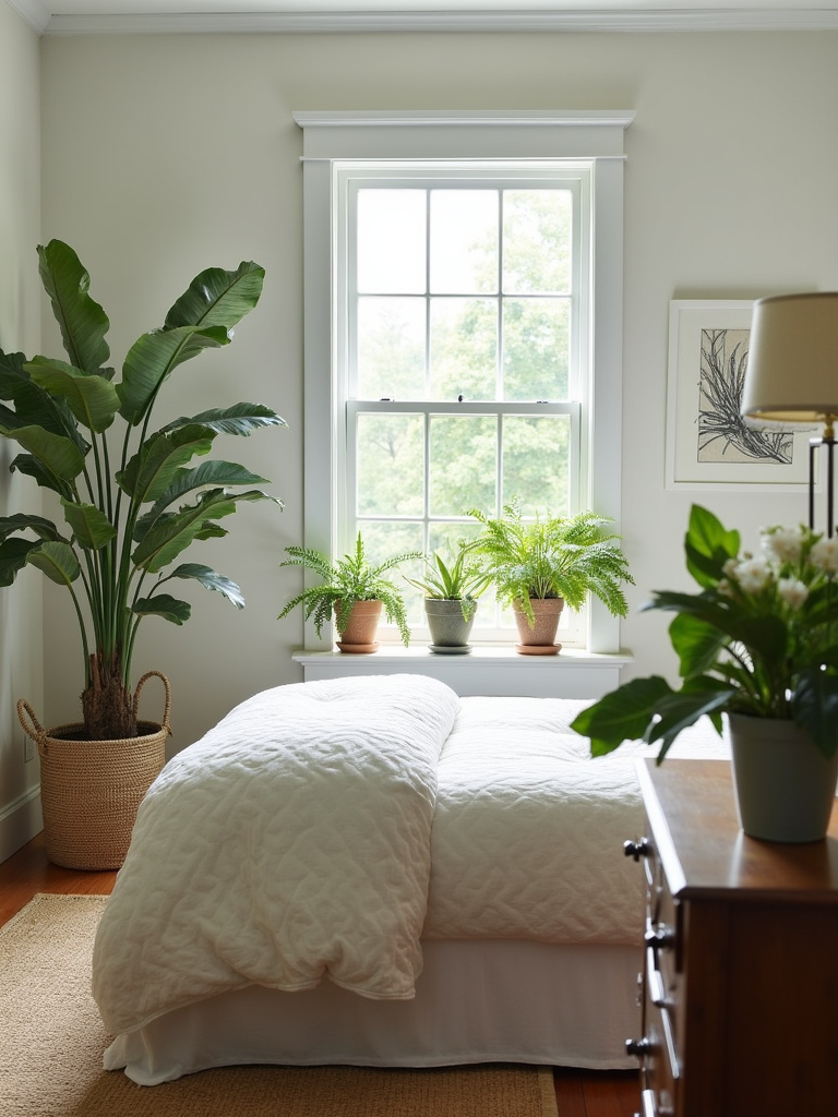 Farmhouse bedroom incorporating greenery with potted plants and fresh flowers for life.