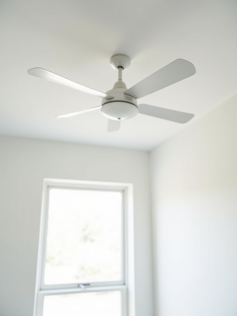 “White bedroom ceiling featuring a sleek and modern white ceiling fan, providing both functionality and subtle style to the space.”