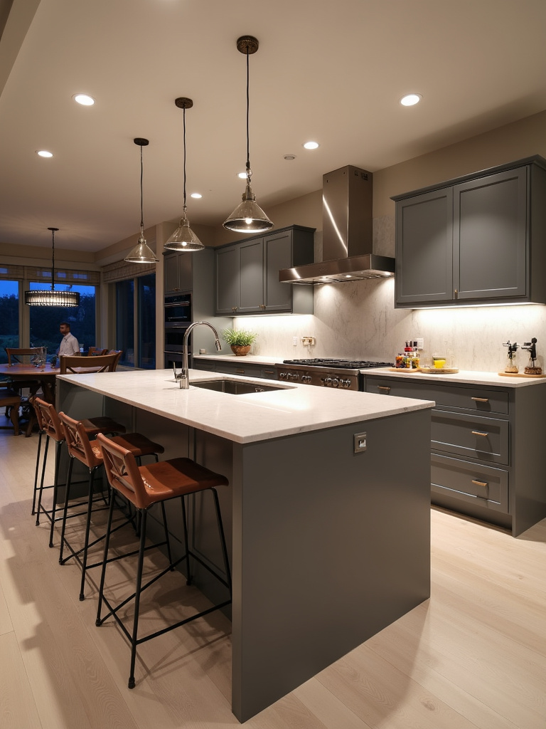Modern kitchen with a large gray kitchen island featuring seating, prep sink, and storage, illuminated by pendant lights.