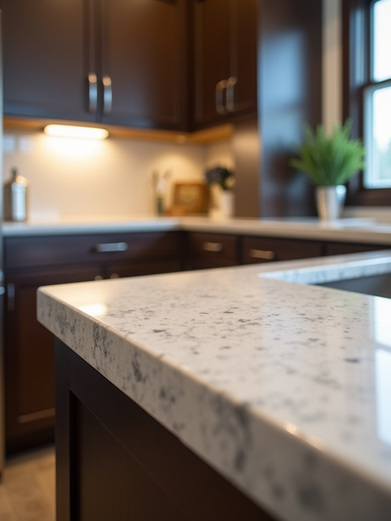 Elegant modern kitchen featuring light gray quartz countertops with subtle veining, paired with dark wood cabinets.