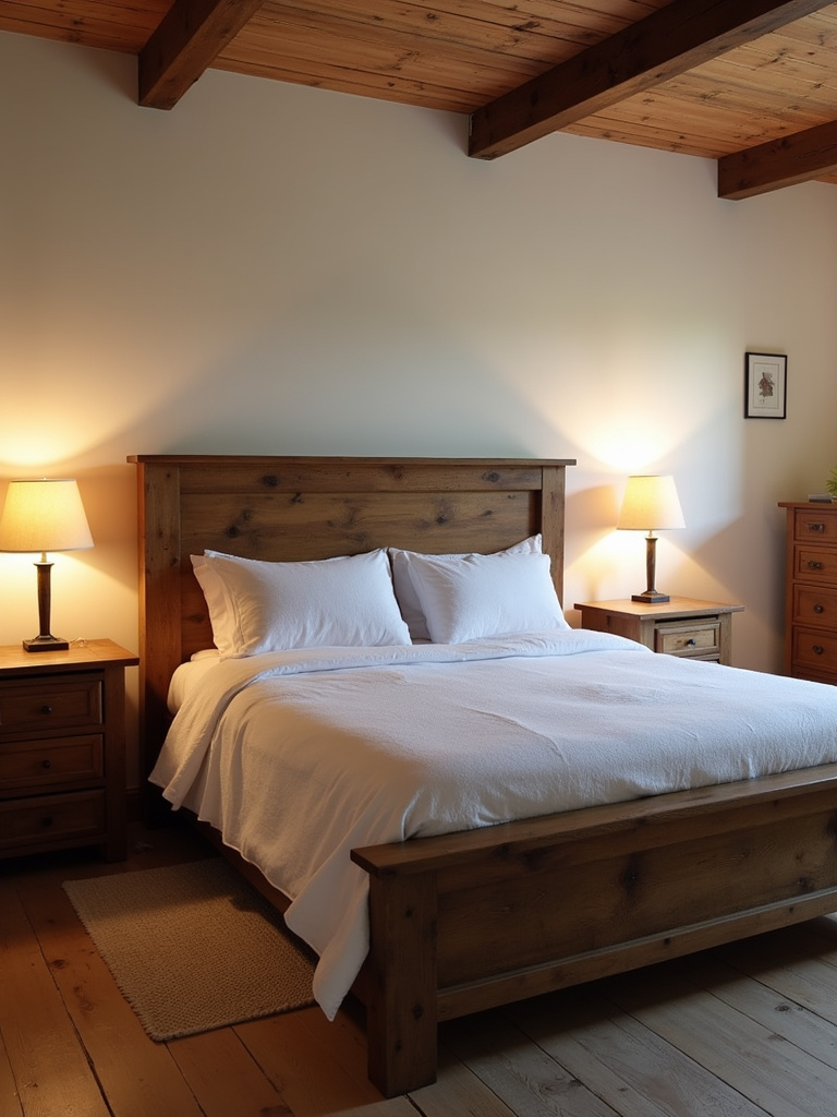 Farmhouse bedroom featuring a rustic wooden bed frame and matching nightstands.
