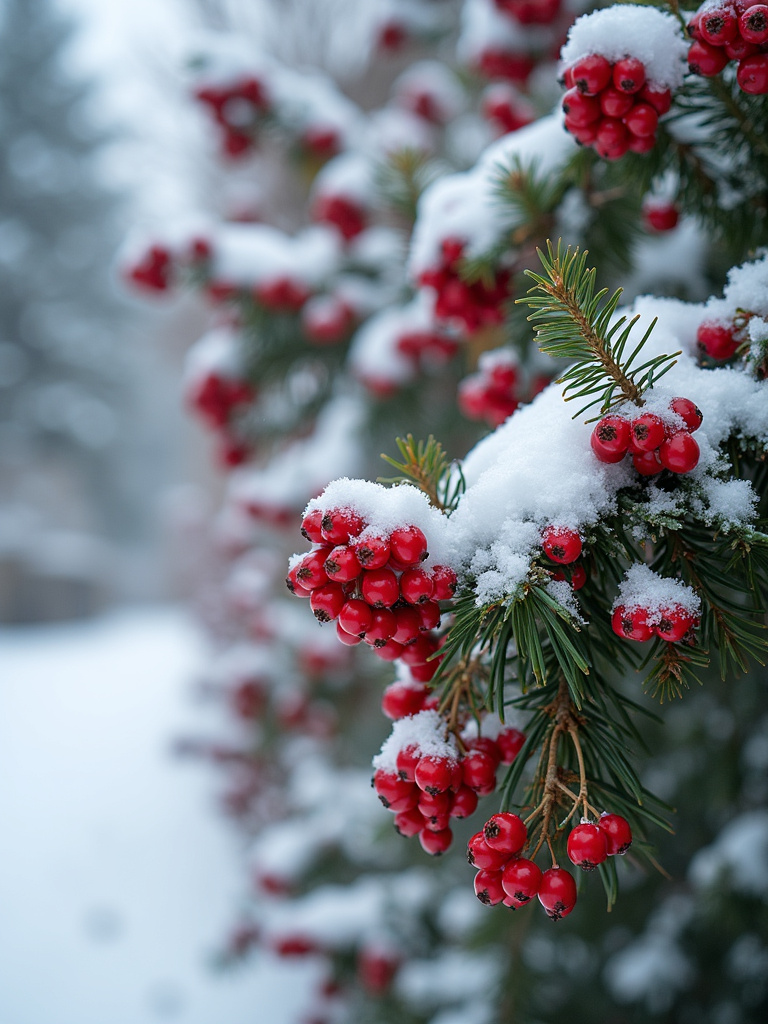 Red berries of winterberry holly shrubs against a snowy winter backdrop.