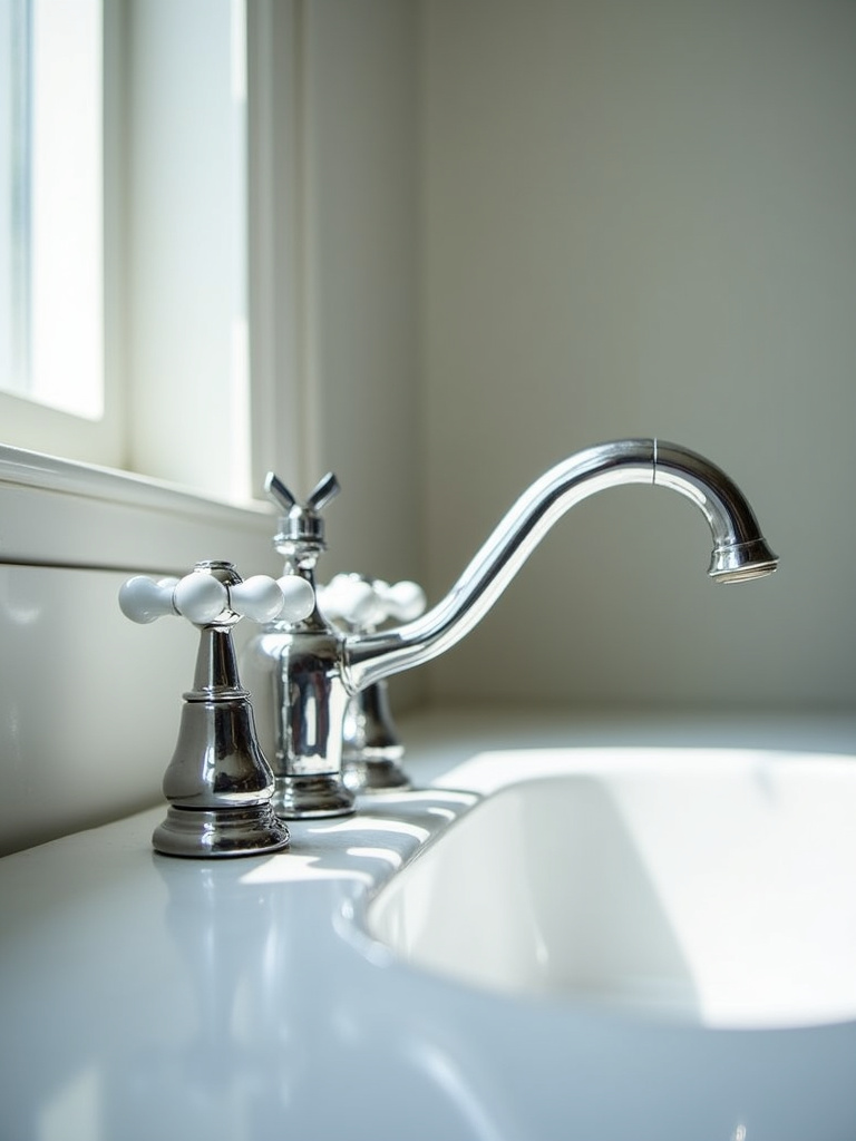 Close-up of a polished chrome bridge faucet with porcelain cross handles in a vintage bathroom setting, softly lit by natural light.